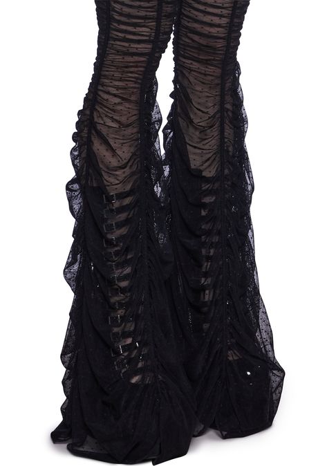 cuz you are one with the phases. These pants have a stretchy sheer mesh construction, a ruched gathered design, a wide leg silhouette, and a scallop lace trim. Goth Pants Outfit, Alt Winter Fashion, Goth Thrift, Witch Aesthetic Fashion, Vampire Fairy, Winter Festival Outfit, Ghost Clothing, Rave Shoes, Goth Pants