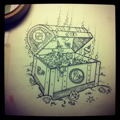 Treasure Chest Drawing, Memories Tattoo, Chest Drawing, Aquatic Tattoo, Underwater Tattoo, Graffiti Creator, Chest Tattoo Drawings, Octopus Tattoo Sleeve, Pirates Treasure