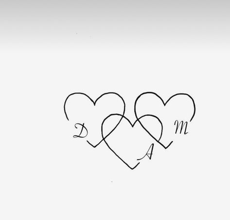 Tattoos Of Initials, 3 Hearts With Initials Tattoo, Names In A Heart Tattoo, Heart With Number Tattoo, Hearts With Initials Tattoo, Tattoo For Multiple Kids, Heart Tattoo Initials, Small Family Tattoo Ideas Symbols, Tattoos For Sons And Moms