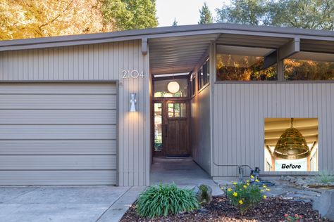 This Mid Century Modern Globe light was installed to bring our entry way back to its original look. Inset is a photo of the Brutalist Light Fixture that came with the house. Mid Century Modern Atrium Entry, Mid Century Modern Exterior Lighting, Modern Exterior Lighting, Mid Century Modern House Exterior, Sliding Doors Exterior, Painting Textured Walls, Mid Century Exterior, Converted Garage, Open Family Room