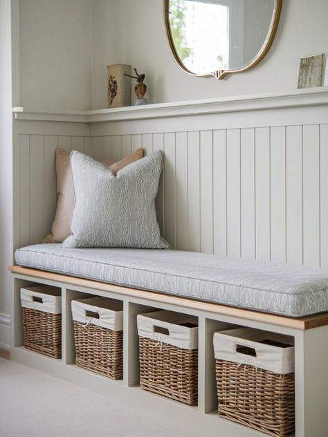 Entryway Bench Nook, Half Wall Entryway Ideas, Entry Way Storage Bench Ideas, Hall Benches Entry, Show Storage Entry Way, Bench Ideas Indoor, Built In Bench Entryway, Entry Bench With Shoe Storage, Hallway Bench Ideas Entryway