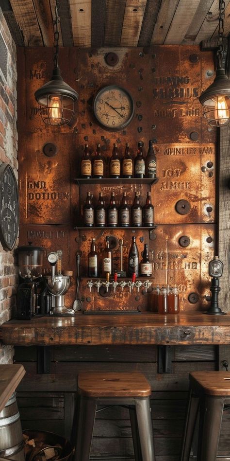 Brick Bar, Steampunk Bar, Industrial Man Cave, Bar Industrial, Bourbon Room, Basement Bar Ideas, Bar Deco, Cave Basement, Men Cave