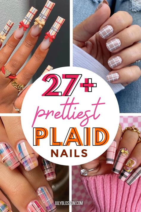 Check Pattern Nail Art, Valentine Plaid Nails, Plaid Gel Nail Designs, Fall Nails 2023 Plaid, Plaid Spring Nails, Neon Plaid Nails, Fall Nails Ideas Autumn Plaid, Pink Plaid Nails Acrylic, Plaid Fingernail Designs