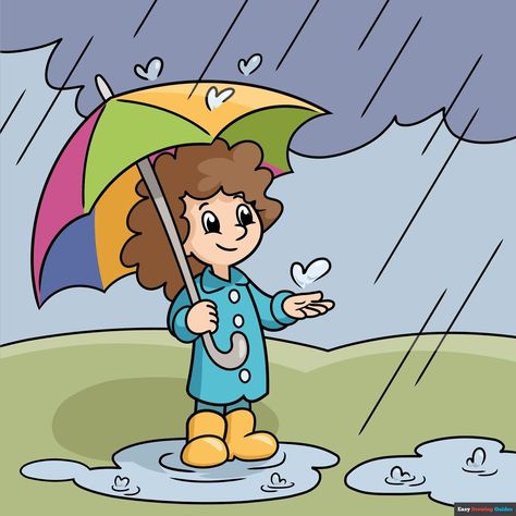 Learn How to Draw a Rainy Day: Easy Step-by-Step Drawing Tutorial for Kids and Beginners. See the full tutorial at https://easydrawingguides.com/how-to-draw-a-rainy-day/ . Cartoon Rainy Day, Rainy Season Drawing Easy, A Rainy Day, Rainy Drawing Easy, A Rainy Day Drawing, Rainy Day Cartoon, Rain Drawing For Kids, Rainy Season Drawing For Kids, Rainy Day Drawing For Kids