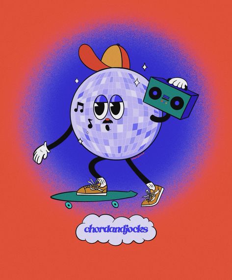 disco skater vintage retro stylized drawing illustration for music producer chordandjocks promo & merch Disco Cartoon, School Disco, Stylized Drawing, Rag N Bone, Rooms Decoration, Dance Remix, Sticker Inspo, Sidewalk Sign, Retro Skater