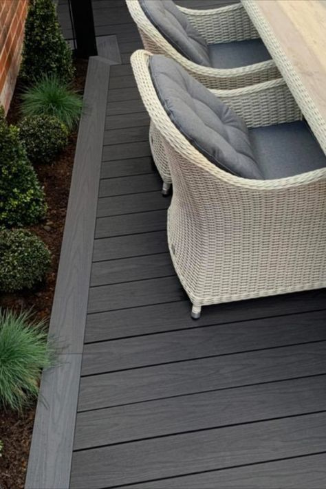 Dark Grey Decking, Dark Grey Deck, Deck Colours, Grey Composite Decking, Dark Deck, Composite Decking Colors, Backyard Entertaining Area, Decking Patio, Grey Deck