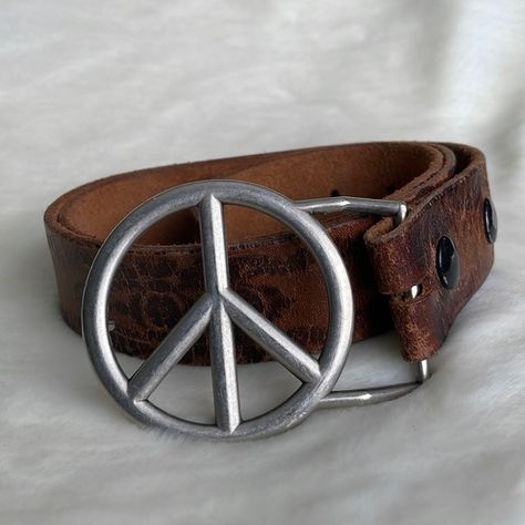 Vintage Brown Leather Belt with peace sign buckle Peace Sign Belt, Peace Sign Clothes, 70s Belts, Rock Vibes, Funky Jewellery, Outfit References, Vintage Leather Belts, 70’s Fashion, Vintage Belt