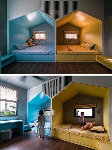 This modern bedroom, which features wood floors, has two mini 'houses' that define the separate sleeping areas for the children. The houses, each with their own window, create a little nook for each child, giving them their own space when needed, while a combined shelf and desk is color matched to the bed. #KidsBedroom #BedroomDesign #SharedKidsBedroom #ChildrensBedroom #ModernKidsBedroom Two Children Bedroom, Children’s Room, Children Bedroom Design, Bedroom For Two, Kids Bed Design, Children's Bedroom Ideas, Kids Shared Bedroom, Renovation Diy, Modern Kids Bedroom