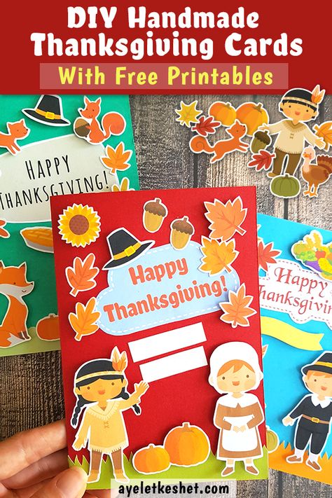 Craft tutorial: make DIY Thanksgiving cards with free printables #DIY #Thanksgiving #handmade #papercraft Thanksgiving Cartoons, Diy Thanksgiving Cards, Thanksgiving Cartoon, Thanksgiving Cards Handmade, Cardstock Crafts, Thanksgiving Greeting Cards, Pretty Crafts, Kid Friendly Crafts, Thanksgiving Diy