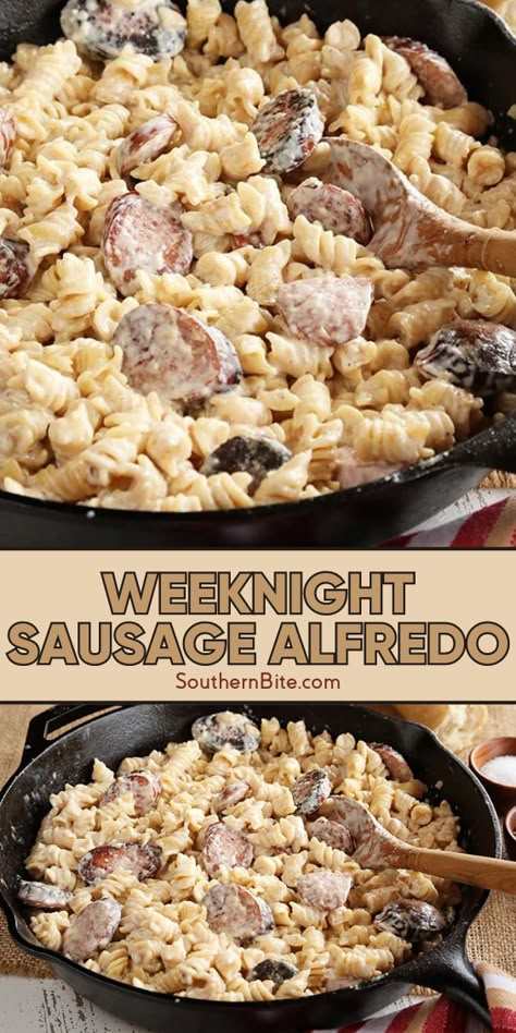 Quick, delicious, and simple—Discover how to prepare an amazing sausage Alfredo for those busy weeknights! Plus, tips on how to tinker with the recipe to suit your taste. Savor the deliciousness without spending hours in the kitchen! Smoked Sausage Pasta Alfredo, Kielbasa Alfredo Pasta, Sausage Alfredo Pasta Recipes, Pasta With Kielbasa Sausage, Smoked Sausage Alfredo Bake, Alfredo With Sausage, Sausage Alfredo Pasta, Sausage Alfredo, Smoked Sausage Pasta