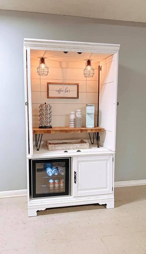 At Home Coffee Bar, Armoire Coffee Bar, Coffee Bar In Kitchen, Coffee Hutch, Tea Bars, Bar In Kitchen, Coffee Bar Ideas Kitchen Counter, Carpentry Ideas, Cocoa Station