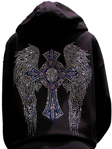 SPORTS AND MORE OF LAS VEGAS Multicolor Rhinestone Cross and Angel Wings Black Zipper Hoodie Rhinestone Cross Hoodie, Y2k Rhinestone Hoodie, Black Zipper Hoodie, Angel Wings Black, Cross Hoodie, Angel Hoodie, Rhinestone Hoodie, Wings Black, Black Angel Wings