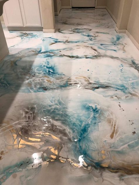 Marbled floor Marble Epoxy Floor, White Marble With Blue Veins, Ocean Floor Layers Epoxy Furniture, Epoxy Floor Blue, Vintage Glam Bathroom, Metallic Marble Epoxy Floor, Turquoise Marble Wallpaper, Entry Organization, Ocean Themed Bathroom