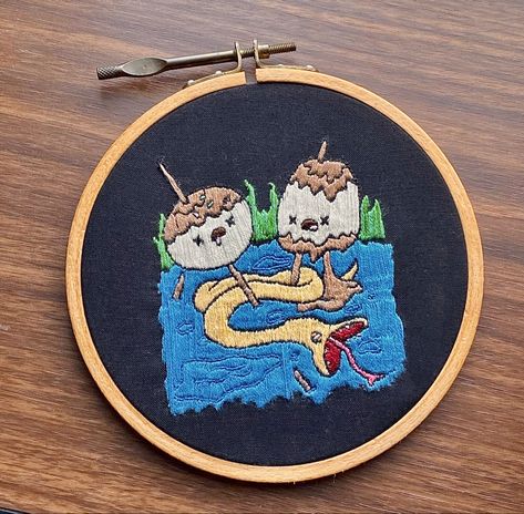 Medium sized embroidery hoop, black fabric with cartoon embroidery, cartoon snake, characters, water, grass Adventure Time Embroidery, Adventure Time Diy, Adventure Time Crafts, Backpack Embroidery, Embroider Ideas, Patch Ideas, Cross Embroidery, Adventure Time Marceline, Crochet Design Pattern