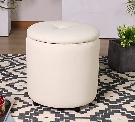 White Round Storage Ottoman, Dorm Ottoman Storage, Storage Ottoman Dorm, Dorm Ottoman, Small Ottoman With Storage, Stools For Bedroom, Clemson Decor, White Storage Ottoman, Ottoman With Tray