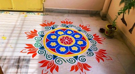 My new rangoli design 2021 | easy rangoli designs Muggu Painting On Floor, Rangoli With Paints On Floor, Rangoli Painting On Floor, Paint Rangoli Designs, Paint Rangoli Designs On Floor, Paint Rangoli, Painting Rangoli Design, Rangoli Painting, New Rangoli