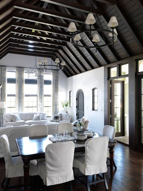 House By The Sea - The Inspired Room Wood Paneling Living Room, White Wood Paneling, Dark Ceiling, Wood Beam Ceiling, Design Salon, Coastal Living Rooms, Transitional House, White Living, White Living Room