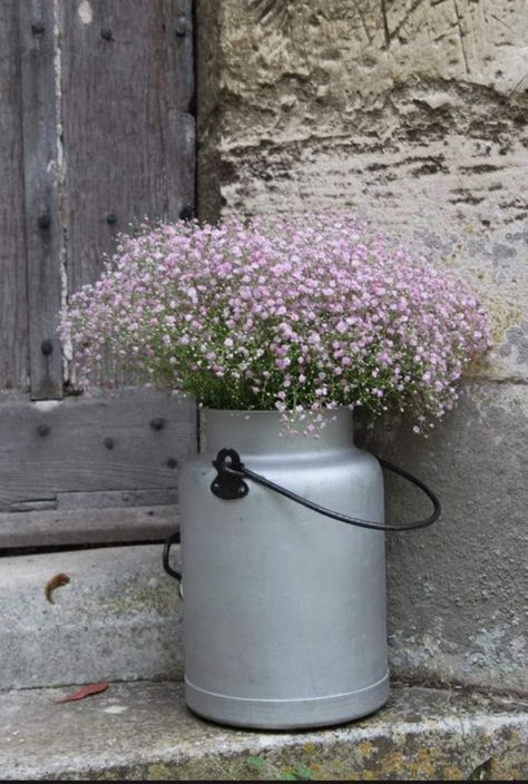 Flowers In Milk Bottles, Milk Churn Planter, Milk Can Garden Ideas, Wedding Church Flowers, Pink Flower Arrangements, Table Floral Arrangements, Church Wedding Flowers, Milk Churn, Deco Champetre