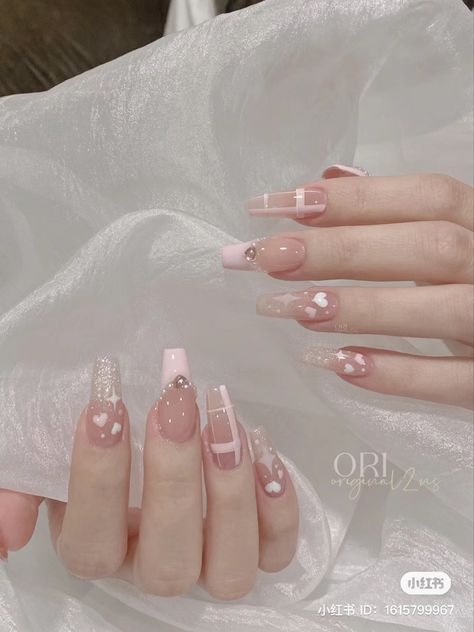 Simple Asian Nail Designs, Korean Nails Valentines, Korean Coffin Nail Ideas, Ballerina Nails Designs Ideas Classy, Nails For Anniversary, Pink Nails Korean, Asian Nail Designs, Simple Nail Designs Summer, Cute Nail Acrylic