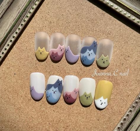 Korean Summer Nail Art, Pokemon Nails Easy, Nail Animal Designs, Calico Cat Nails, Nature Themed Nails, Cat Gel Nails, Ditto Nails, Cat Inspired Nails, Boba Nails