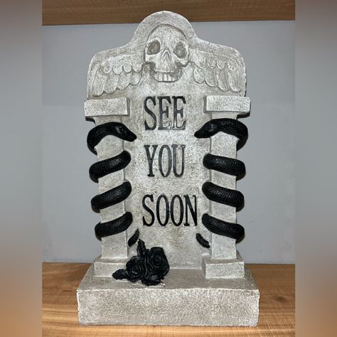 Brand New Halloween Tombstone With “See You Soon”. Has Rose And Snake Embellishments. Safe For Outdoors. Measures: 13 1/2” H 8” W Made Of Resin. Witchcraft Stuff, Halloween Tombstones, See You Soon, Outdoor Halloween, Tombstone, Indore, See You, Embellishments, Indoor Outdoor