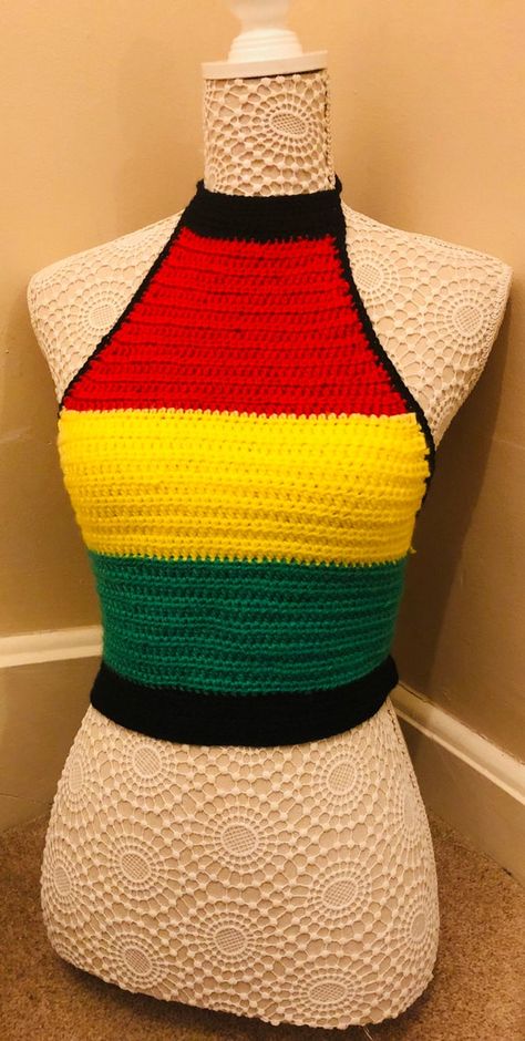 Handmade Crochet Halter Neck Boho Rasta Top Red Yellow Green - Etsy UK Custom Made Hats, Crochet Festival, Rasta Colors, Womens Halter Tops, Crochet Halter, Bralette Crop Top, Yarn Sizes, Halter Tops, Crochet Shoes