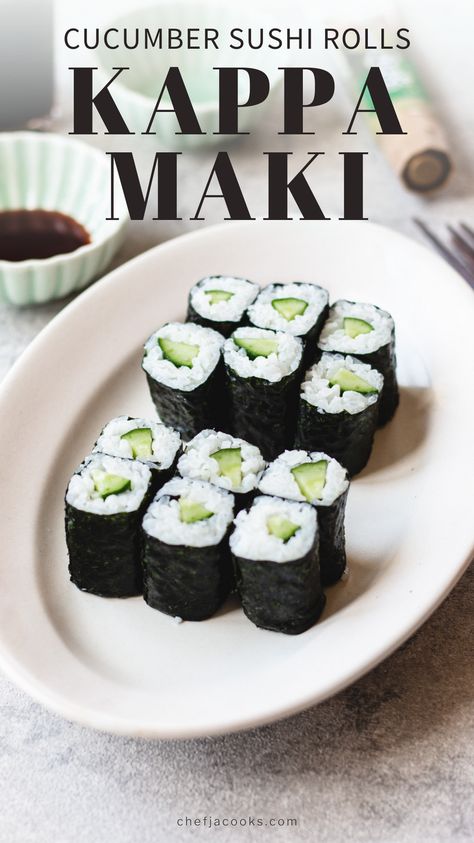 Learn how to make delicious and refreshing Kappa Maki, a traditional Japanese cucumber sushi roll! Enjoy this popular and vegetarian-friendly sushi at home with this easy recipe! Maki Roll Recipe, Kappa Maki, Cucumber Rolls Sushi, Homemade Cucumber Sushi Rolls, Sushi Recipes Cucumber Roll, Cucumber Sushi Rolls Vegan, Cucumber Japanese Recipe, Yo Sushi, Cucumber Sushi Rolls