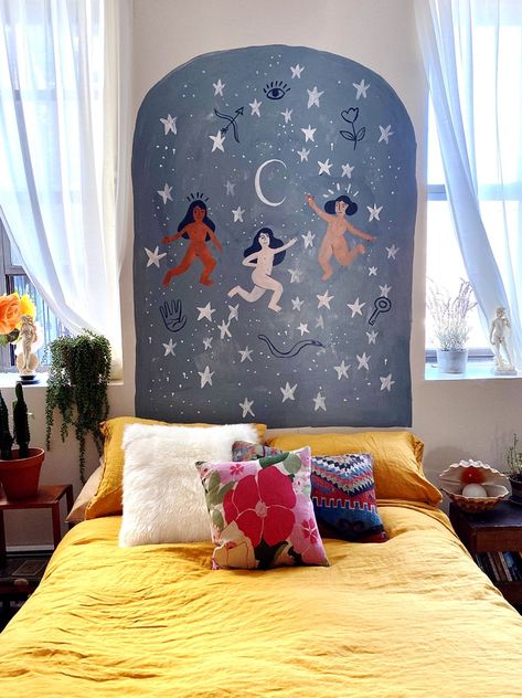 A Protective Mural Made This Artist’s Apartment Feel Like a Safe Space~Mural by Esmé Shapiro Aesthetic Room Mural, Painting In Bedroom Wall, Vibrant Apartment Aesthetic, Paint Mural Wall, Bedroom Mural Aesthetic, Paint Wall Around Mirror, Room Ideas Paint, Mural Headboard, Mural Bedroom Wall