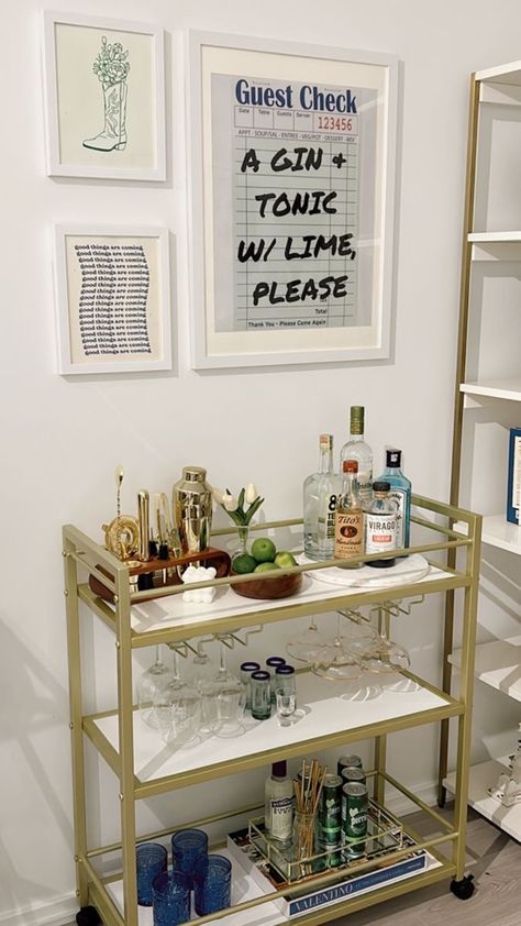 Bar Area Styling, Bright Bar Cart, In Home Bar Decor, Small Bar In Kitchen Ideas, Coffee Cart Decor Ideas, Cheap Bar Cart Ideas, Airbnb Bar Ideas, College Apartment Decor Ideas Living Room, Gold Bar Cart Decor