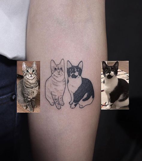 40 People Who Got Absolutely Awesome Cat Tattoos 4 Cats Tattoo Designs, Tattoo Idea For Cat, Four Cats Tattoo, Bird And Cat Tattoo, Tattoo Of Two Cats, Cool Cat Tattoo Ideas, 5 Cats Tattoo, Cat Tatoos Idea, Two Cats Tattoo Designs