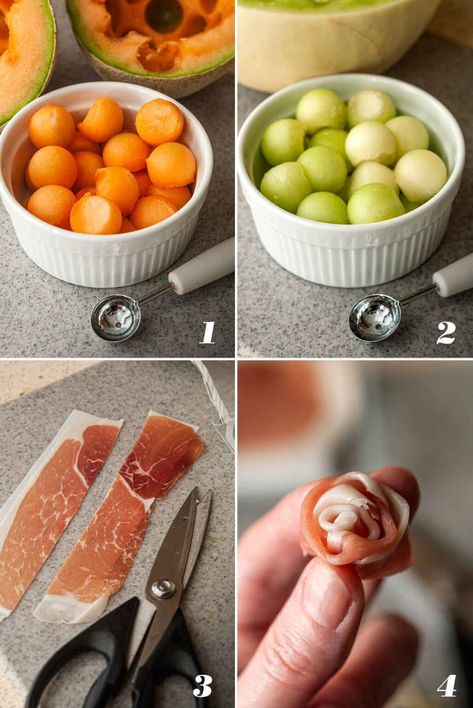 These lovely prosciutto and melon skewers also include ciliegine (fresh mozzarella balls) and tiny leaves of mint. With only 5 ingredients, they’re the easiest, prettiest appetizers or side dish for a colorful brunch, baby shower or mother’s day breakfast. Ham And Melon Appetizers, Melon Ball Skewers, Prociutto Appetizers, Melon Skewers, Peach Appetizer, Prosciutto Melon, Charcuterie Appetizers, Valentines Brunch, Fancy Cheese