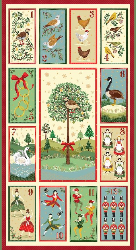 Christmas Fabric Panels, 12 Days Of Xmas, Art Origami, Twelve Days Of Christmas, Christmas Quilts, Christmas Quilt, Christmas Sewing, Free Quilting, Christmas Illustration