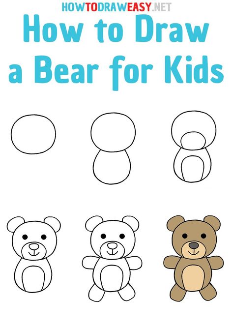 How to Draw a Bear for Kids step by step Bear Directed Drawing Preschool, Draw A Teddy Bear Step By Step, Step By Step Bear Drawing, How To Draw Preschool, How To Draw For Preschoolers, Draw Bear Easy, How To Draw Cartoon Animals Step By Step, Teddy Bear Drawing Easy Step By Step, How To Draw A Bear Step By Step