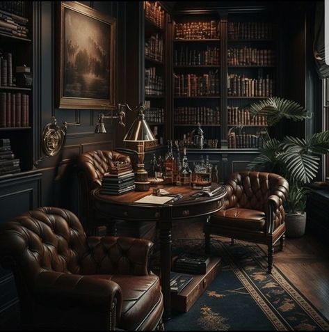 Lounge Home Decor, Whiskey Lounge, Home Library Rooms, Dark Home Decor, Home Library Design, Dark Home, Home Libraries, Home Office Setup, Dream House Interior