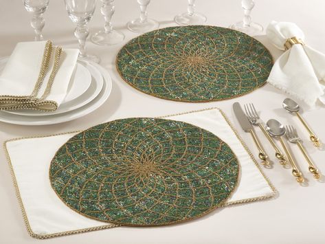 Belagavi Collection beaded design placemats in teal Placemats Ideas, China Dishes, Water Design, Art Table, Placemat Sets, Bead Designs, Napkins Set, Beaded Embroidery, Green Glass