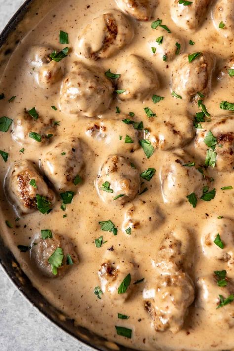 This recipe for easy, homemade Swedish Meatballs in a rich, creamy sauce is one of our favorite comfort foods! These really are the best Swedish meatballs in a simple gravy sauce that is made from scratch that I've ever had! #meatballs #Swedish #swedishmeatballs #groundbeef #groundpork #homemade #recipe #Ikea #sauce #gravy #simple Norwegian Meatballs And Gravy, Polish Meatballs With Sour Cream Sauce, Swedish Meatballs From Frozen, Meatball Cream Sauce, Swedish Meatballs Ikea Copycat, Easy Swedish Recipes, Swedish Meatball Soup Recipe, Sweetish Meatball Sauce Gravy, Creamy Meatball Recipes