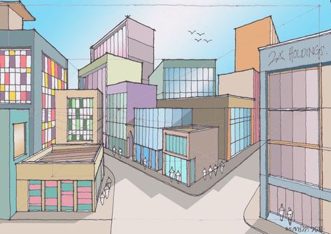 Multi Point Perspective Drawings, Multi Point Perspective, Landscape Ideas Drawing, Background Drawing Ideas, Town Drawing, Perspective Drawings, Brain Drawing, Point Perspective, Background Drawing