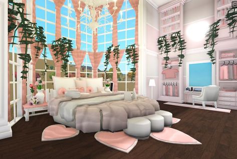 Bloxburg Rooms Aesthetic, Bloxburg Outdoor House Ideas, Circular Bed Bloxburg, Circle Bed Bloxburg, Croquette Bloxburg House, Bloxburg Castle Room Ideas, Bed Inspo Bloxburg, Castle Bloxburg Ideas, Bloxburg Elegant Bedroom