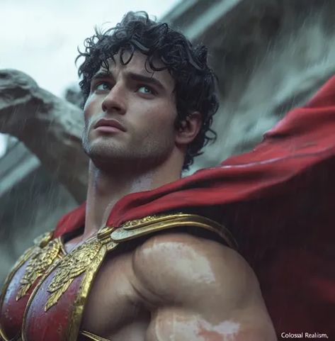 ↑↑↑ Larger size on website 🔸 A muscular man with short, curly dark hair, wearing a red and gold roman-style armor, stands in the Short Curly Dark Hair, Curly Dark Hair, Warrior Man, Roman Man, Male Faces, Standing In The Rain, Muscular Man, Roman Warriors, Roman Style