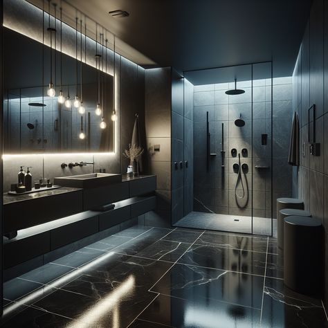 Step into this modern, masculine master bathroom, filled with dark, rich colors ranging from charcoal black to navy blue. It's a luxe retreat featuring black marble floors, a matte black sink on a granite vanity, and a walk-in shower enclosed in smoked glass. Don't forget the ultra-modern, freestanding bathtub, perfect for relaxation. #ModernBathroom #MasterBath #MasculineDesign #DarkColors #BathroomDesign #LuxuryBathroom. Bathroom Ideas Black Marble, Black Marble Wall Bathroom, Black Marble Shower Walls, Black Marble Toilet Design, Rich Bathroom Luxury Black, Modern Black Bathroom, Black Marble Bathroom, Granite Vanity, His And Hers Bathroom