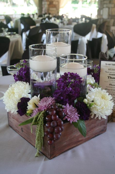 Rustic Wooden Box Centerpiece, Wooden Box Centerpiece, Unique Wedding Centerpieces, Purple Wedding Centerpieces, Wooden Centerpieces, Rustic Wooden Box, Rustic Wedding Decorations, Unique Wedding Flowers, Wedding Floral Centerpieces