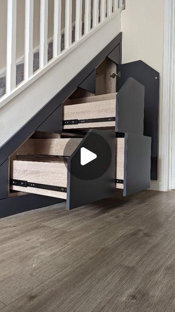 Matthew Robertson on Instagram: "Under Stair Storage - 3 drawers and a door...

Spray finished in railings with Caledonian oak drawer boxes ...

#understairstorage #homeinspo #homeideas #homerenovation #newbuildhome #newbuild #interiordesign #luxury #railings #oak #carpenter #reels #up" Modern Hallways And Stairs, Under Stair Hidden Storage, Stairs With Drawers Built Ins, Kitchen Cabinet Under Stairs, Under Staircase Drawers, Draws Under Stairs, Understair Pullout Storage, L Shaped Under Stairs Storage, Cubby Under The Stairs