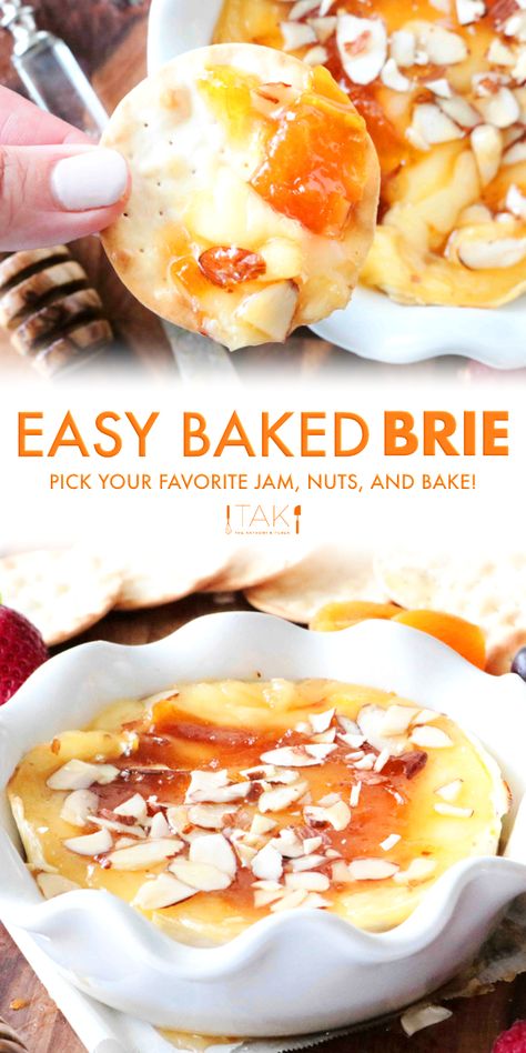 Easy Brie Appetizers For A Party, Bake Brie With Jam, Brie Cheese And Honey, Baked Brie Jam, Appetizer Recipes With Brie Cheese, Melted Brie With Jam, Snacks With Brie Cheese, Brie Cheese With Jam, Hot Brie Dip