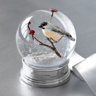 ODE TO JOY SNOW GLOBE -- A black-capped chickadee perches within our snow globe’s flurry…an expression of the quote engraved on the base, “Joys are our wings.” Glass globe Rain Collection Barrel, Winter Chickadee, Jones Design Company, Diy Snow Globe, Rain Collection, Ode To Joy, I Love Snow, Water Globes, Christmas Snow Globes