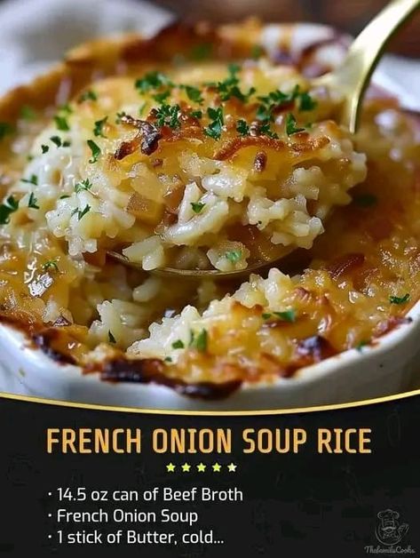 Valerie Bertinelli Recipes | French Onion Soup Rice | Facebook French Onion Soup Rice, Onion Soup Rice, Recipes French, Quick Soup Recipes, Classic French Onion Soup, Soup Rice, Quick Soup, Onion Soup Recipes, Rice Side Dishes