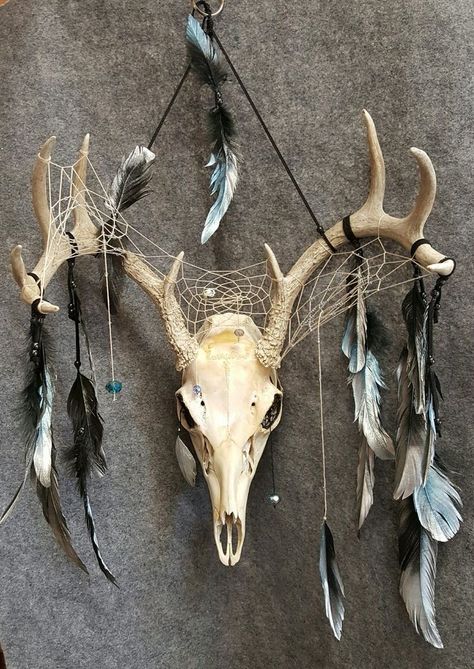 Skull Dream Catcher, Deer Skull Decor, Deer Skull Art, Antler Ideas, Antler Crafts, Dream Catcher Decor, Skull Crafts, Dream Catcher Art, Antler Art