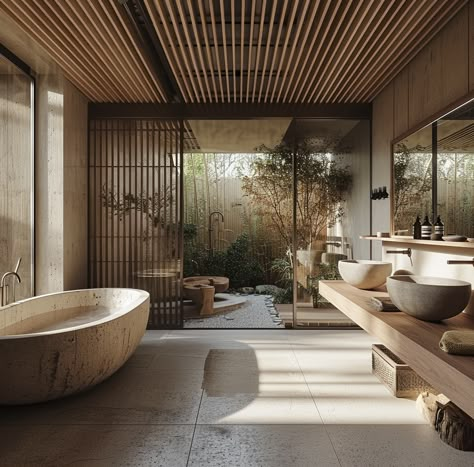 The Beauty of Japanese Bathroom Design - 32 Elements That Will Surprise You Asian Zen Interior Design, Zen Interior Design, Modern Zen Bathroom, Japanese Bathroom Design, Organic Modern Bathroom, Elegant Bathroom Ideas, Tranquil Bathroom, Asian Interior Design, Japanese Bathroom