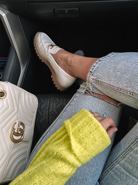 Outfit White Loafers, Loafer Spring Outfit, Ivory Loafers Outfit, White Loafer Outfits Women, Flat Loafers For Women, White Leather Platform Loafers For Spring, Spring 2023 Shoes, White Platform Loafers Outfit, Chic Spring Chunky Platform Loafers