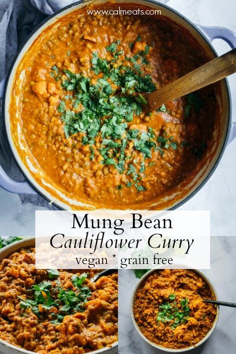 Vegan mung bean cauliflower curry is a warming dish that’s easy on digestion and takes just 30 minutes to make. It’s perfect for any busy weeknight. It’s gluten free, dairy free, vegetarian and vegan. #cauliflowercurryrecipes #cauliflowercurry #mungbeancurry #curry #vegancurry #vegancauliflowercurry #veganmungbeancurry #quickcurry #vegan #vegetarian #glutenfree, #dairyfree# #weeknightdinner #quickrecipes #calmeats Vegan Mung Bean Recipes, Mung Bean Recipes, Mung Bean Curry, Gluten Free Curry Recipes, Bean Curry, Vegan Curry Recipes, Curry Recipes Easy, Ayurveda Recipes, Vata Dosha