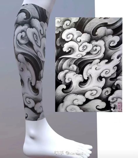 Japanese Tattoo Waves Design, Japanese Elements Tattoo, Asian Clouds Tattoo, ခြေထောက် Tattoo, Japanese Wind Bars Tattoo, Japan Cloud Tattoo, Japanese Clouds Design, Nubes Japonesas Tattoo, Japanese Cloud Tattoo Design